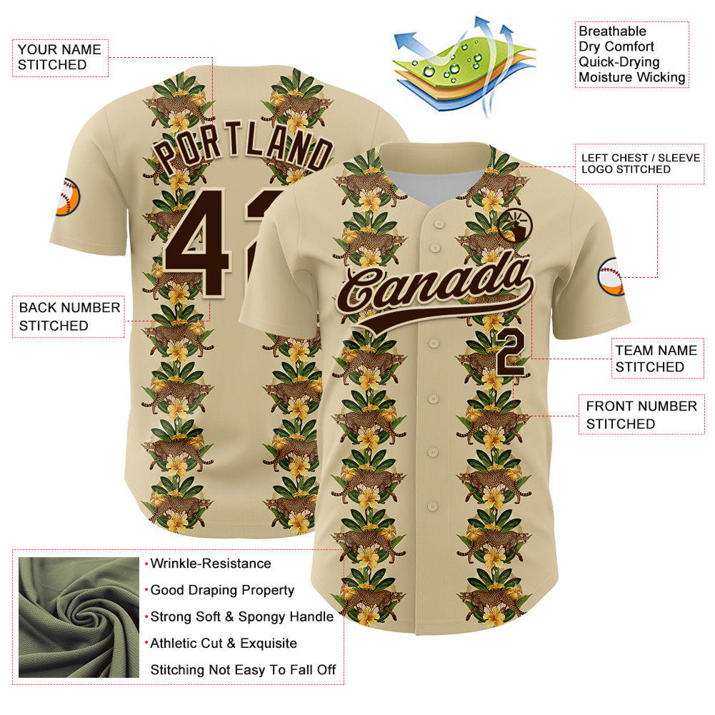 Custom Cream Brown 3D Tropical Hawaii Jungle Plant And Leopard Authentic Baseball Jersey - Sky-Custom