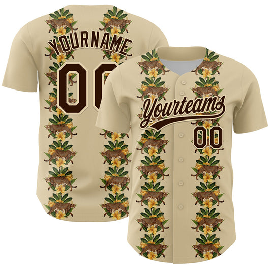 Custom Cream Brown 3D Tropical Hawaii Jungle Plant And Leopard Authentic Baseball Jersey - Sky-Custom