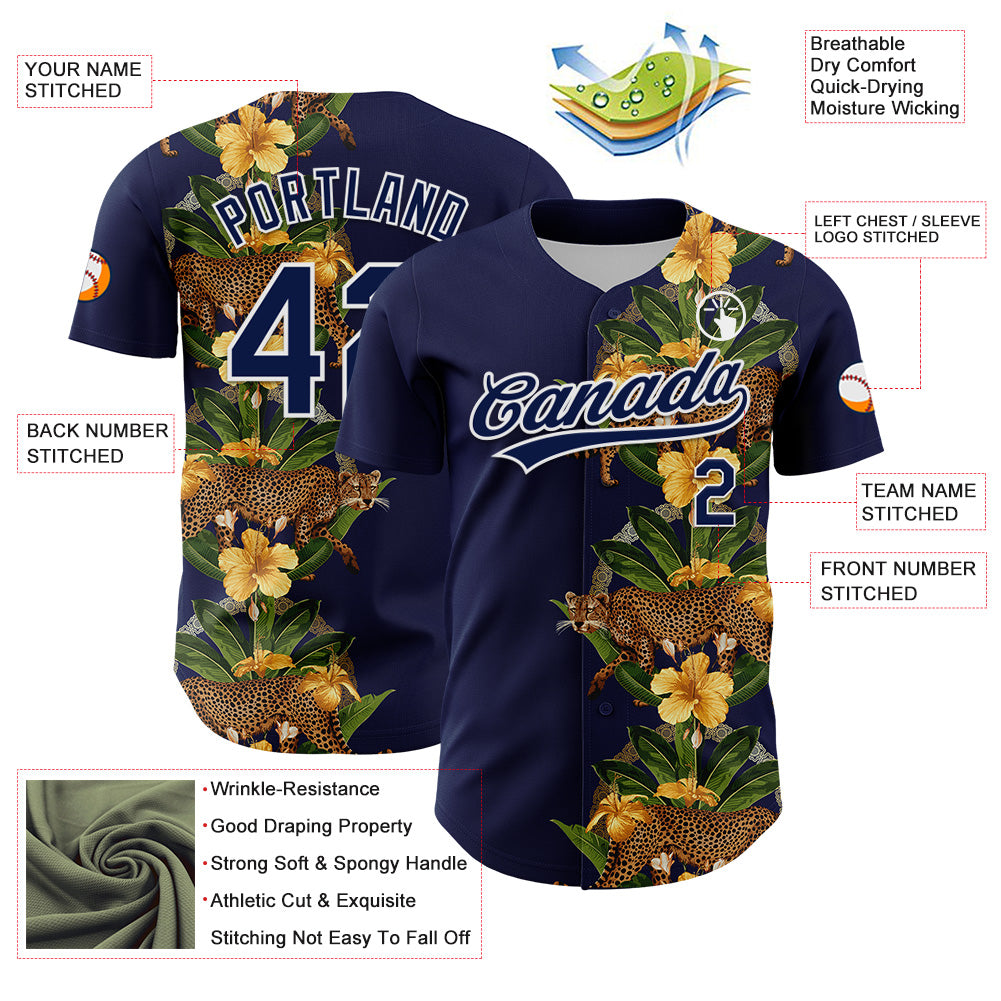 Custom Navy White 3D Tropical Hawaii Jungle Plant And Leopard Authentic Baseball Jersey - Sky-Custom