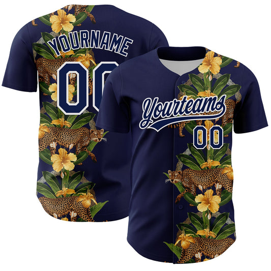 Custom Navy White 3D Tropical Hawaii Jungle Plant And Leopard Authentic Baseball Jersey - Sky-Custom