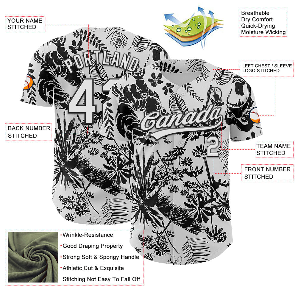 Custom White Black 3D Tropical Hawaii Jungle Plant Authentic Baseball Jersey - Sky-Custom
