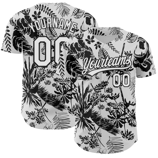 Custom White Black 3D Tropical Hawaii Jungle Plant Authentic Baseball Jersey - Sky-Custom