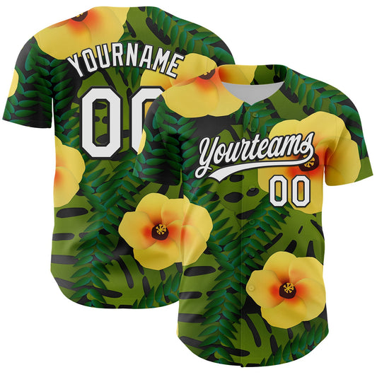 Custom Green White-Black 3D Tropical Hawaii Jungle Leaves And Flower Authentic Baseball Jersey - Sky-Custom