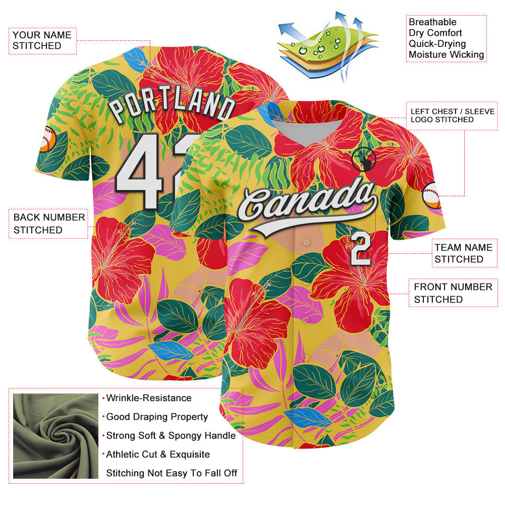 Custom Red White-Black 3D Tropical Hawaii Jungle Leaves And Flower Authentic Baseball Jersey - Sky-Custom