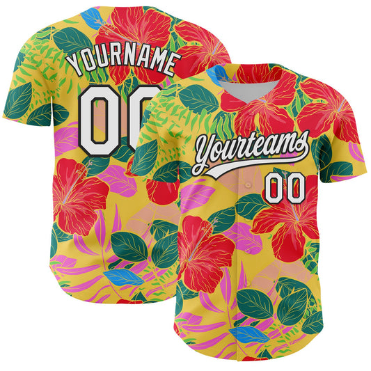 Custom Red White-Black 3D Tropical Hawaii Jungle Leaves And Flower Authentic Baseball Jersey - Sky-Custom