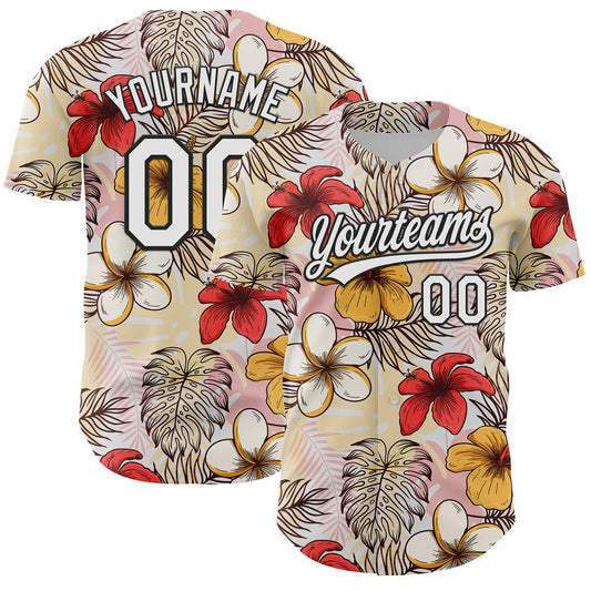 Custom White Black 3D Tropical Hawaii Jungle Leaves And Flower Authentic Baseball Jersey - Sky-Custom