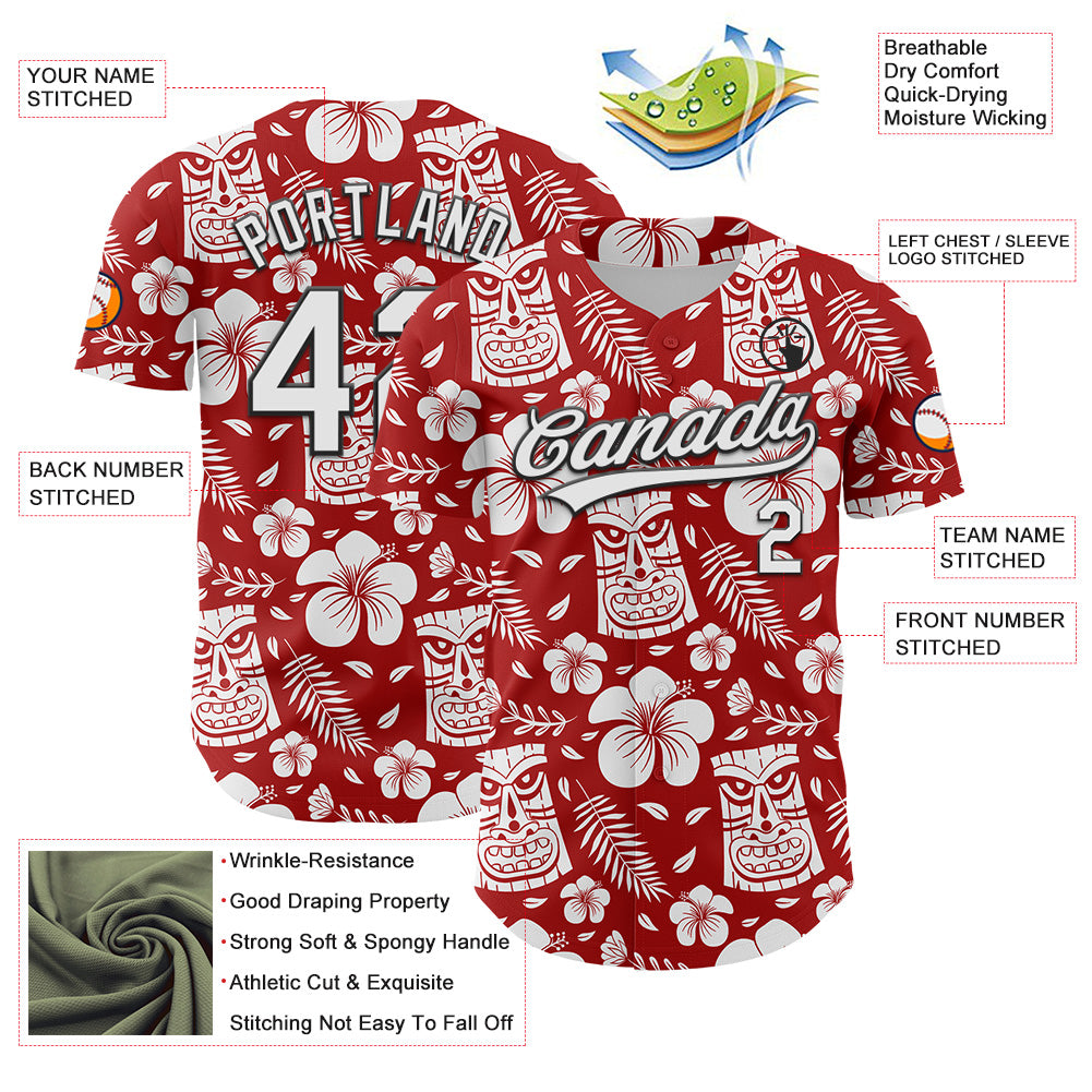 Custom Red White-Black 3D Tropical Hawaii Jungle Leaves Flower And Tiki Mask Authentic Baseball Jersey - Sky-Custom