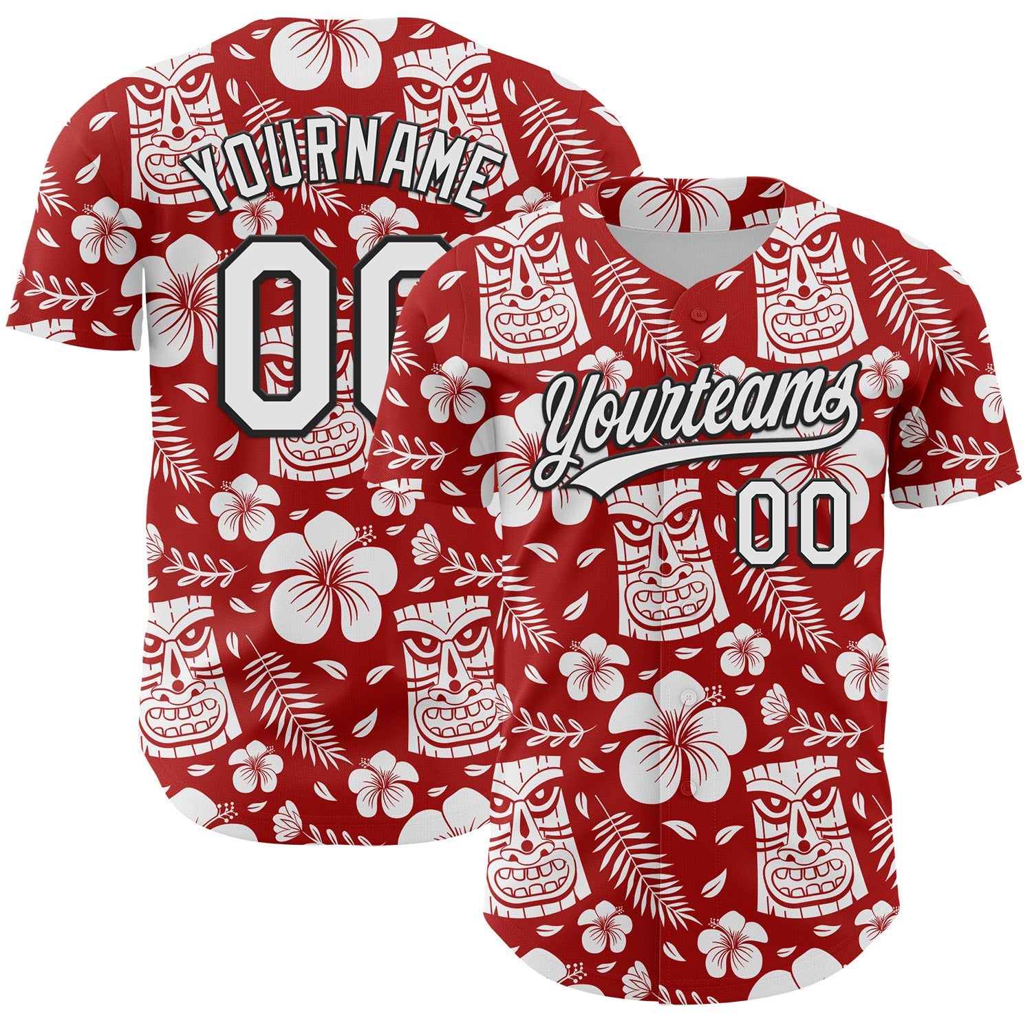 Custom Red White-Black 3D Tropical Hawaii Jungle Leaves Flower And Tiki Mask Authentic Baseball Jersey - Sky-Custom