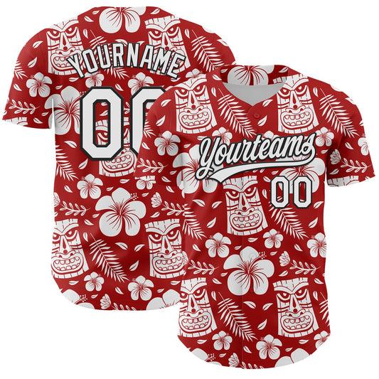 Custom Red White-Black 3D Tropical Hawaii Jungle Leaves Flower And Tiki Mask Authentic Baseball Jersey - Sky-Custom
