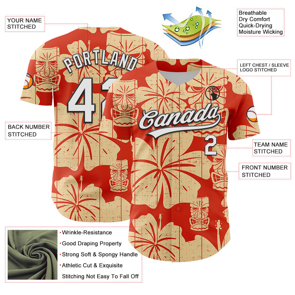 Custom Red White-Black 3D Tropical Hawaii Flower And Tiki Mask Authentic Baseball Jersey - Sky-Custom