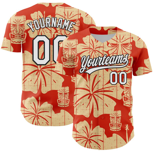 Custom Red White-Black 3D Tropical Hawaii Flower And Tiki Mask Authentic Baseball Jersey - Sky-Custom