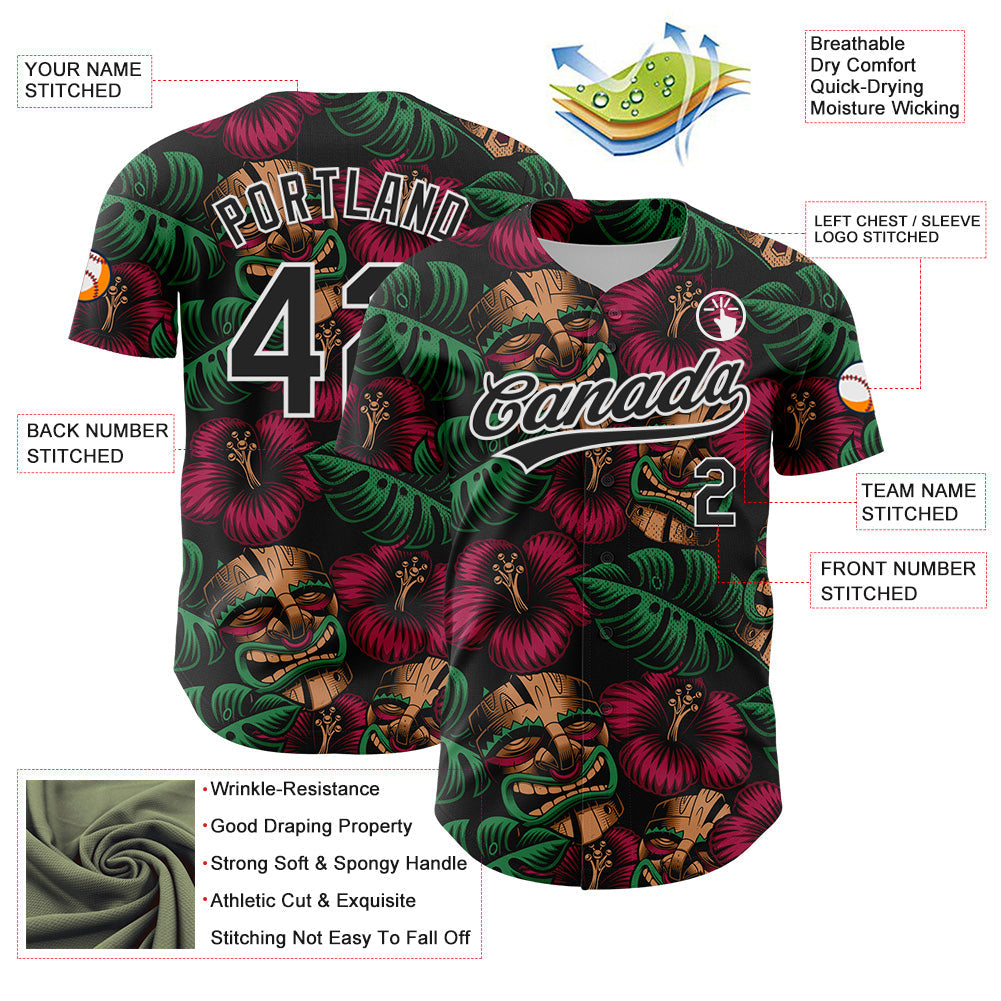 Custom Black White 3D Tropical Hawaii Jungle Leaves And Flower Authentic Baseball Jersey - Sky-Custom