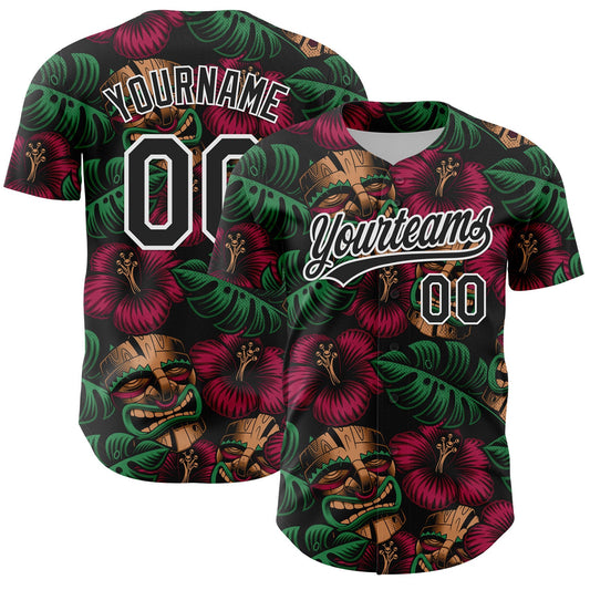 Custom Black White 3D Tropical Hawaii Jungle Leaves And Flower Authentic Baseball Jersey - Sky-Custom