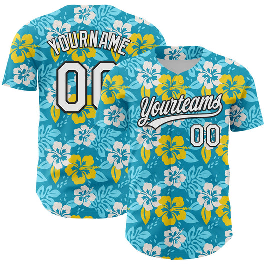 Custom Lakes Blue White-Black 3D Tropical Hawaii Jungle Leaves And Flower Authentic Baseball Jersey - Sky-Custom