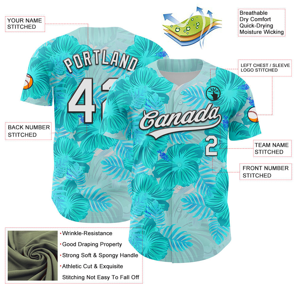 Custom Lakes Blue White-Black 3D Tropical Hawaii Jungle Leaves And Flower Authentic Baseball Jersey - Sky-Custom