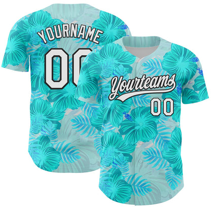 Custom Lakes Blue White-Black 3D Tropical Hawaii Jungle Leaves And Flower Authentic Baseball Jersey - Sky-Custom