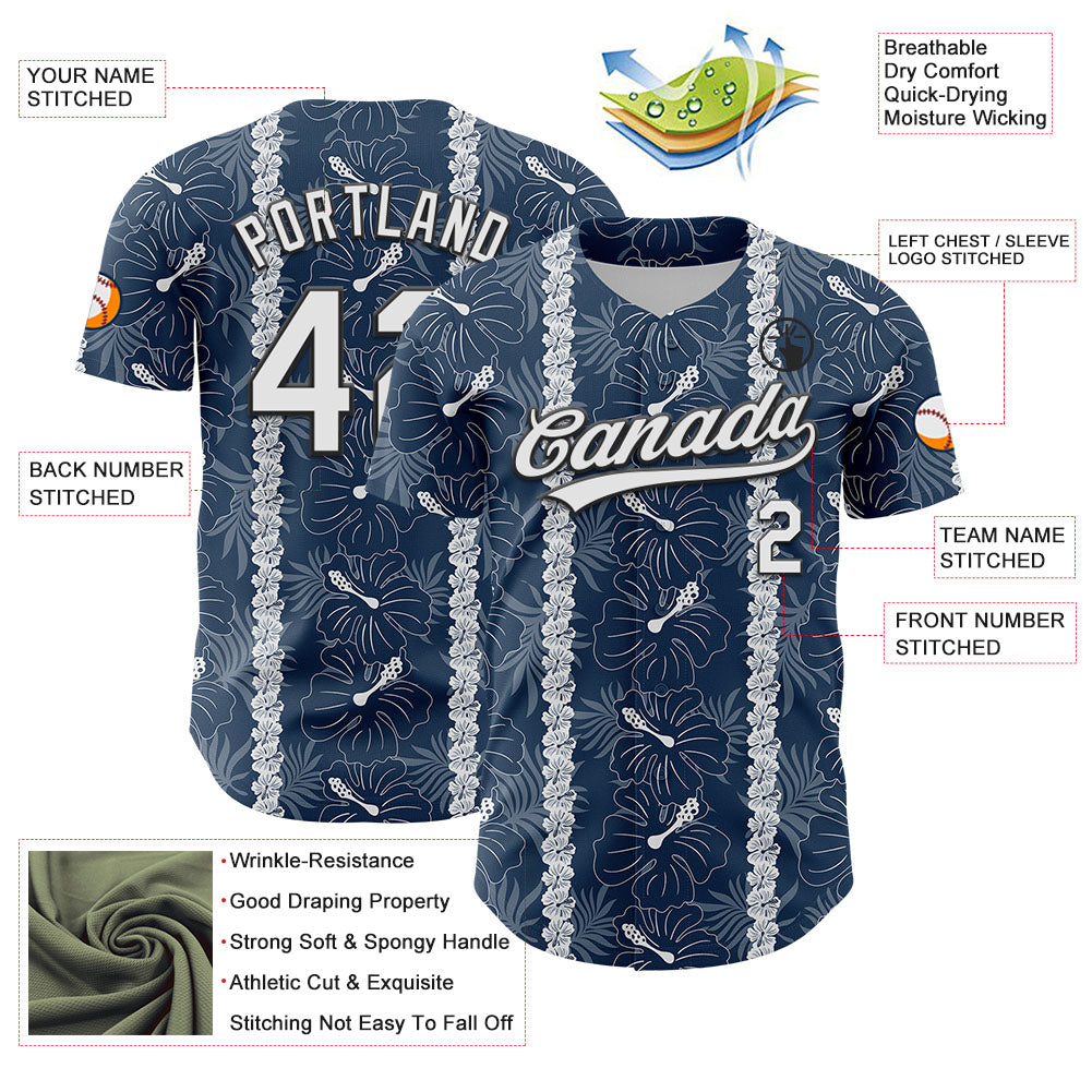 Custom Navy White-Black 3D Tropical Hawaii Jungle Leaves And Flower Authentic Baseball Jersey - Sky-Custom