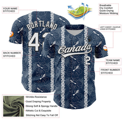 Custom Navy White-Black 3D Tropical Hawaii Jungle Leaves And Flower Authentic Baseball Jersey - Sky-Custom