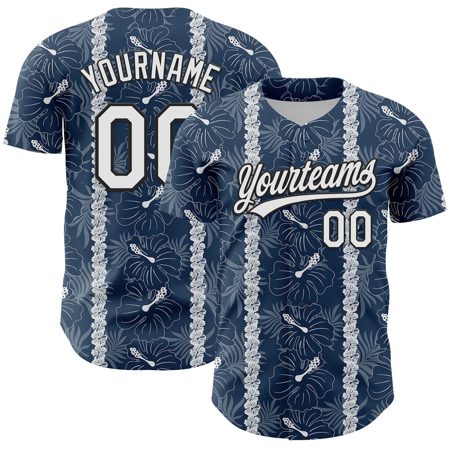 Custom Navy White-Black 3D Tropical Hawaii Jungle Leaves And Flower Authentic Baseball Jersey - Sky-Custom