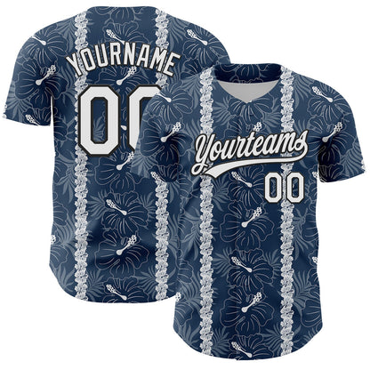 Custom Navy White-Black 3D Tropical Hawaii Jungle Leaves And Flower Authentic Baseball Jersey - Sky-Custom