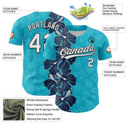 Custom Lakes Blue White-Black 3D Tropical Hawaii Jungle Leaves And Flower Authentic Baseball Jersey - Sky-Custom