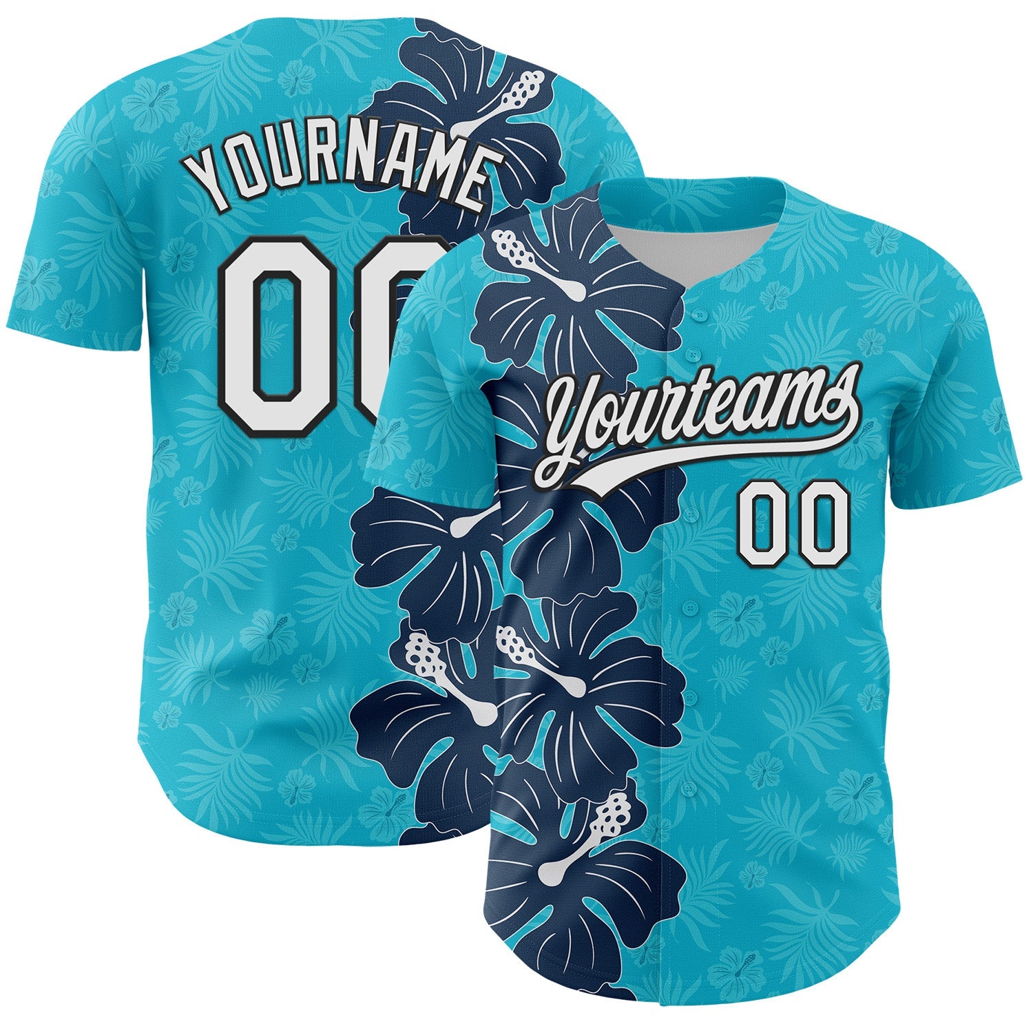 Custom Lakes Blue White-Black 3D Tropical Hawaii Jungle Leaves And Flower Authentic Baseball Jersey - Sky-Custom