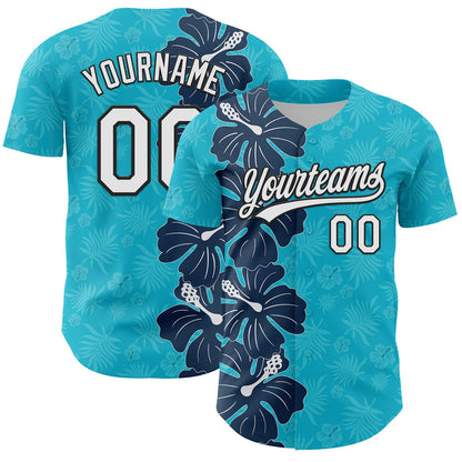 Custom Lakes Blue White-Black 3D Tropical Hawaii Jungle Leaves And Flower Authentic Baseball Jersey - Sky-Custom