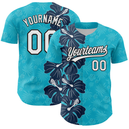 Custom Lakes Blue White-Black 3D Tropical Hawaii Jungle Leaves And Flower Authentic Baseball Jersey - Sky-Custom