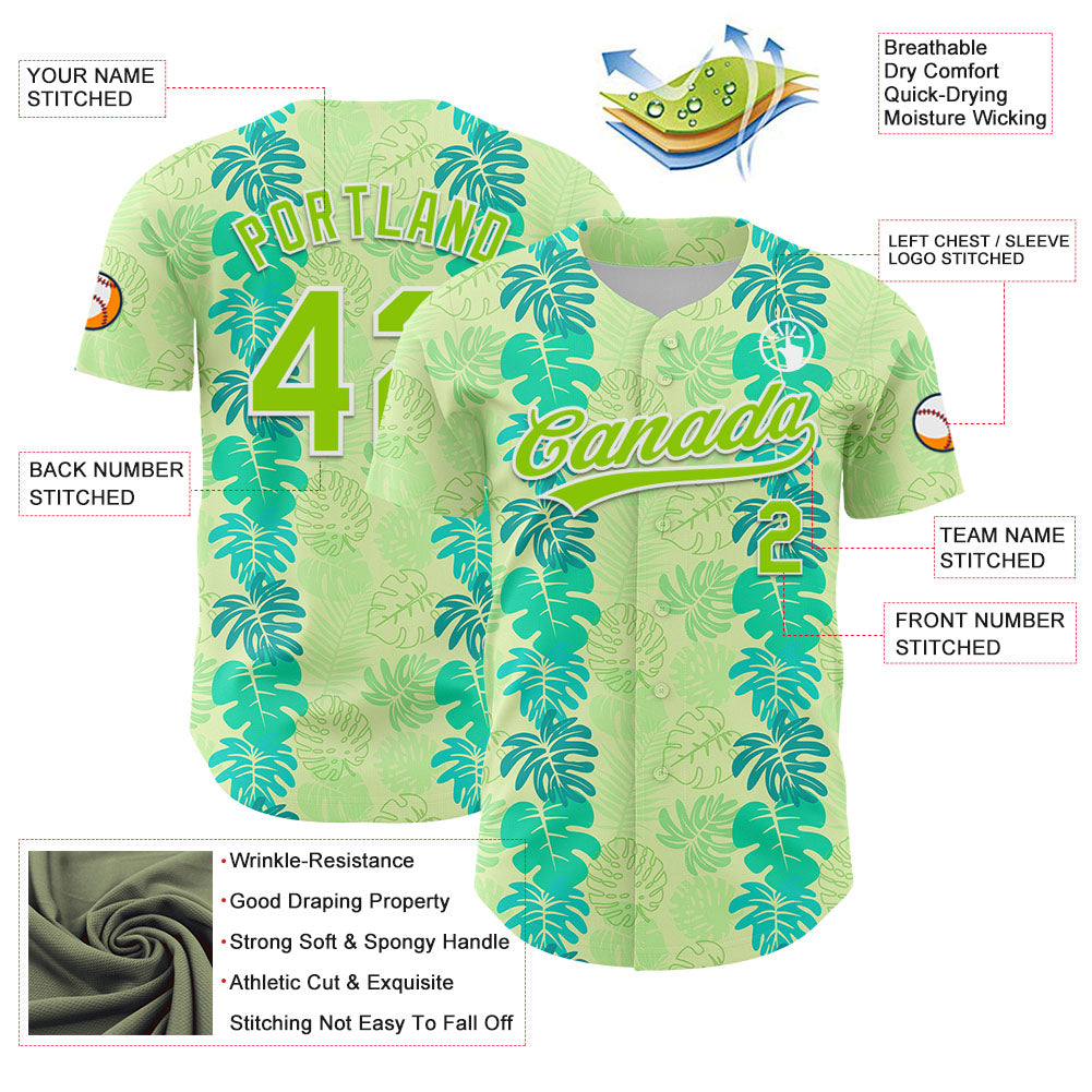 Custom Pea Green Neon Green-White 3D Tropical Hawaii Jungle Leaves Authentic Baseball Jersey - Sky-Custom