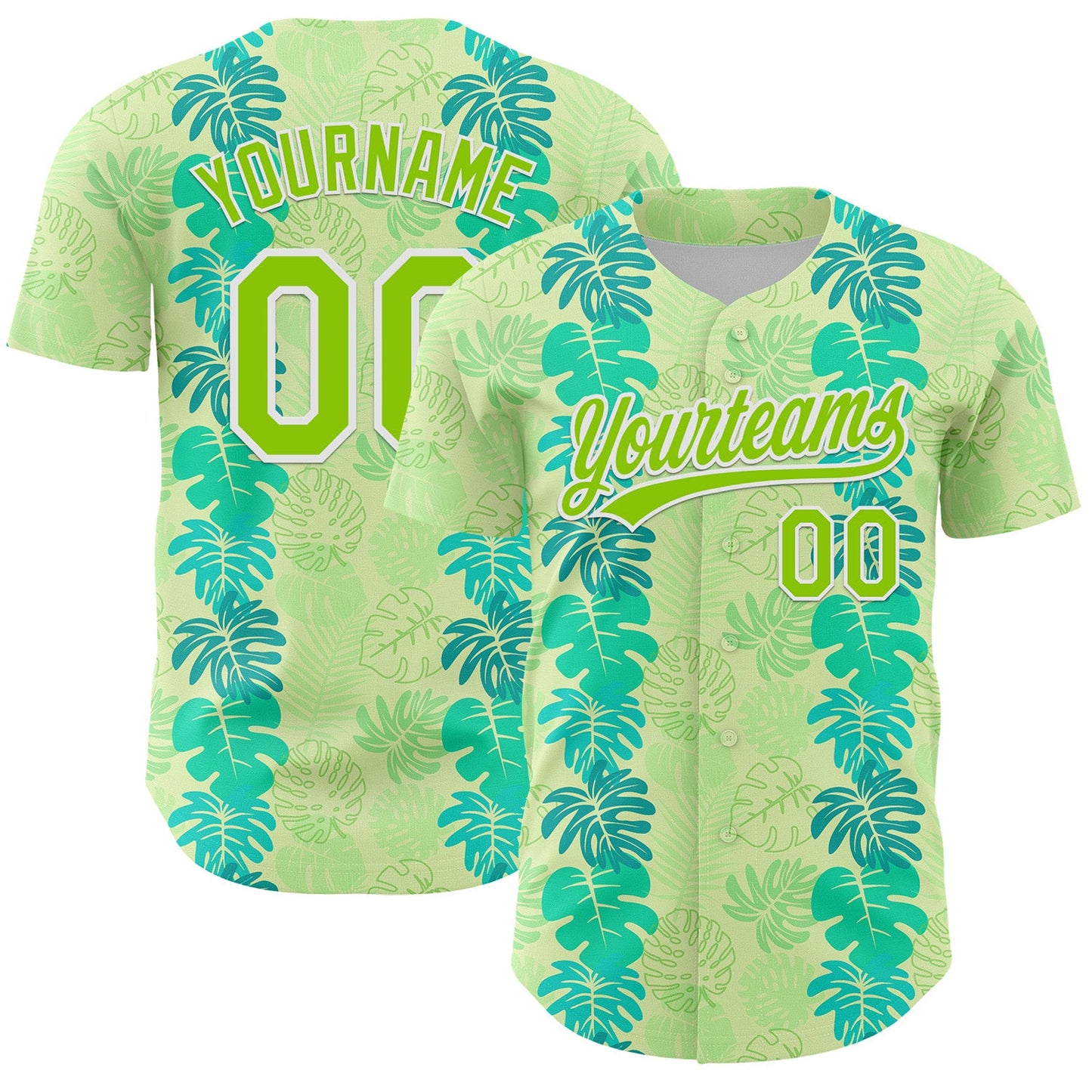 Custom Pea Green Neon Green-White 3D Tropical Hawaii Jungle Leaves Authentic Baseball Jersey - Sky-Custom