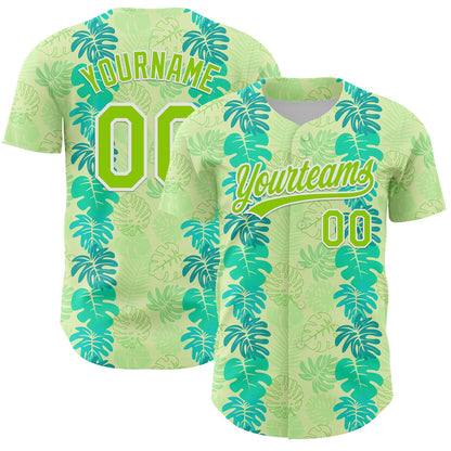 Custom Pea Green Neon Green-White 3D Tropical Hawaii Jungle Leaves Authentic Baseball Jersey - Sky-Custom