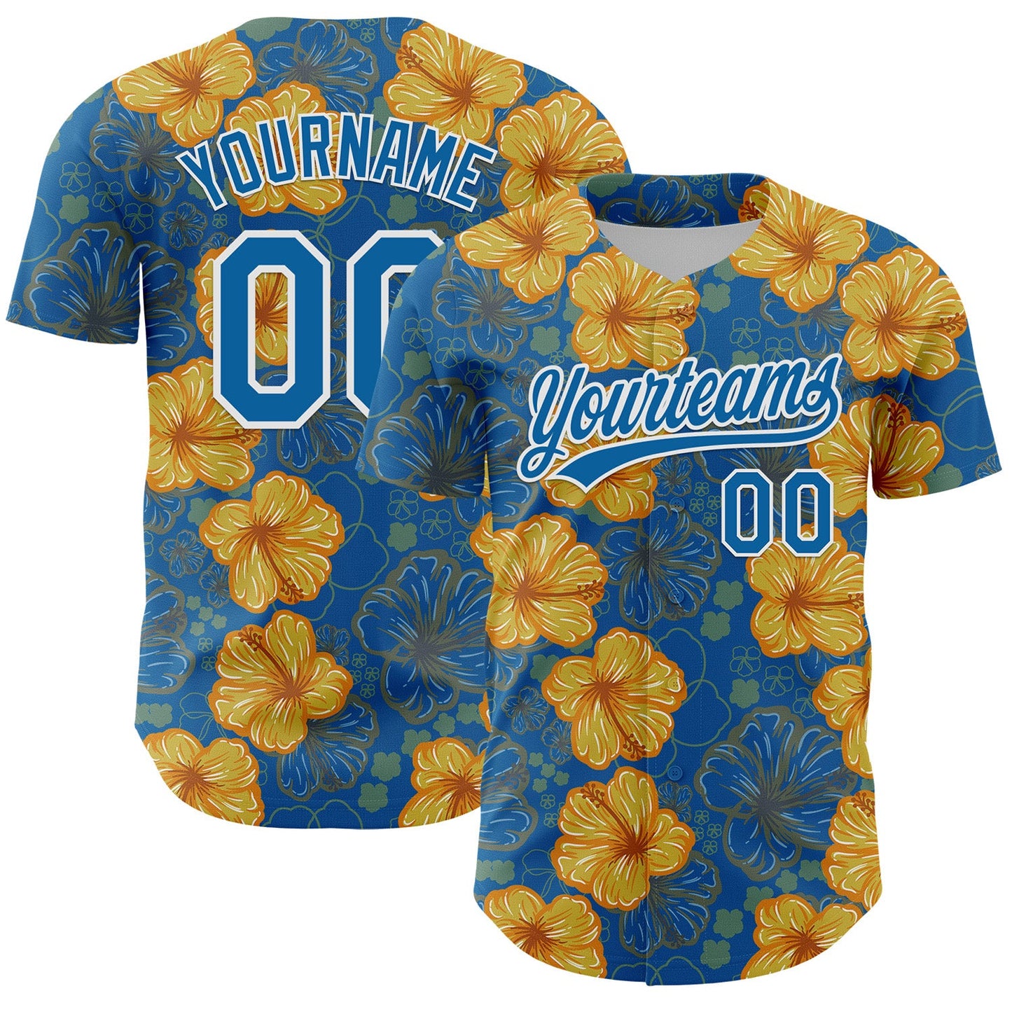 Custom Blue White 3D Tropical Hawaii Flower Authentic Baseball Jersey - Sky-Custom