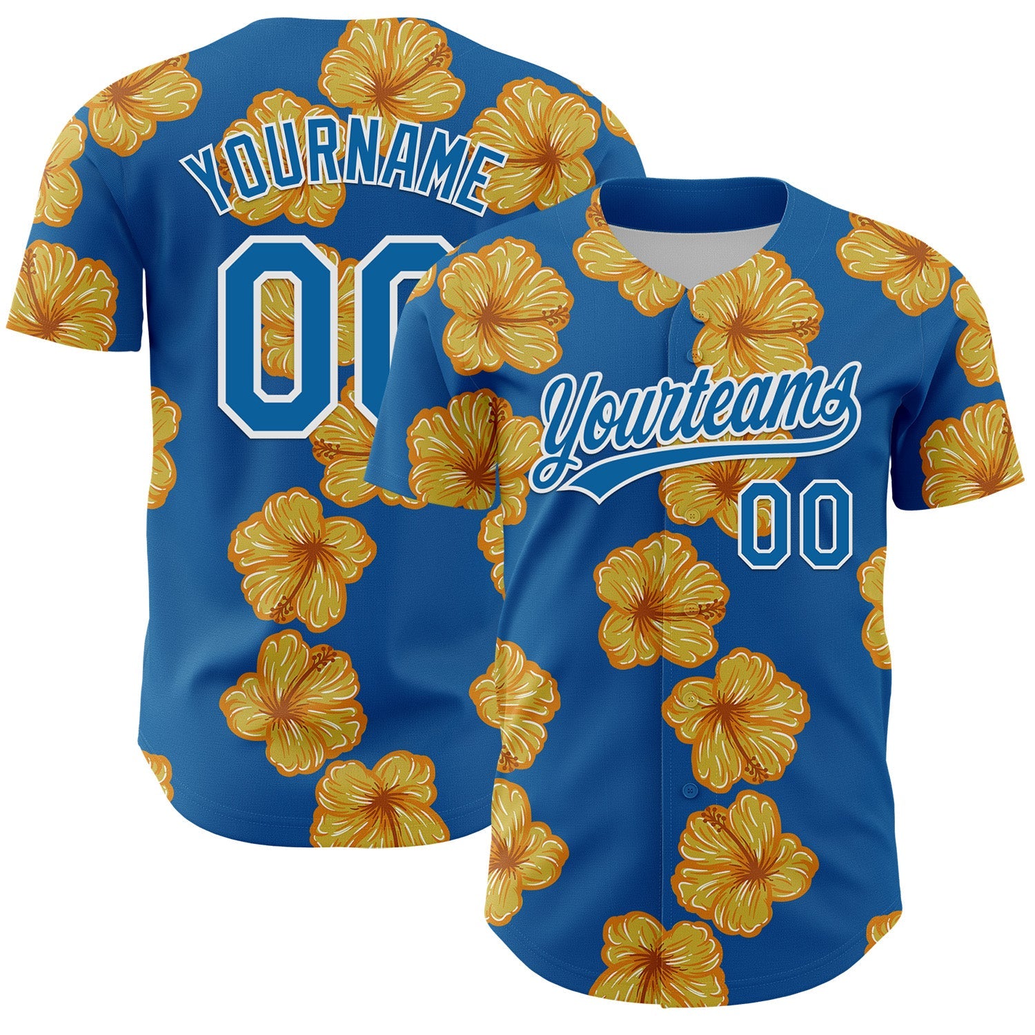 Custom Blue White 3D Tropical Hawaii Flower Authentic Baseball Jersey - Sky-Custom
