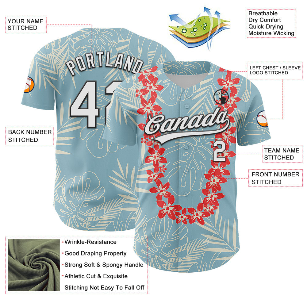 Custom Shadow Blue White-Black 3D Tropical Hawaii Leaves And Flower Authentic Baseball Jersey - Sky-Custom