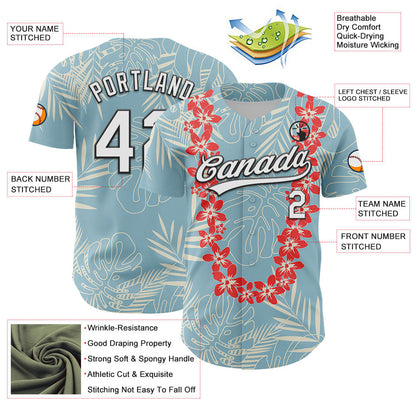 Custom Shadow Blue White-Black 3D Tropical Hawaii Leaves And Flower Authentic Baseball Jersey - Sky-Custom