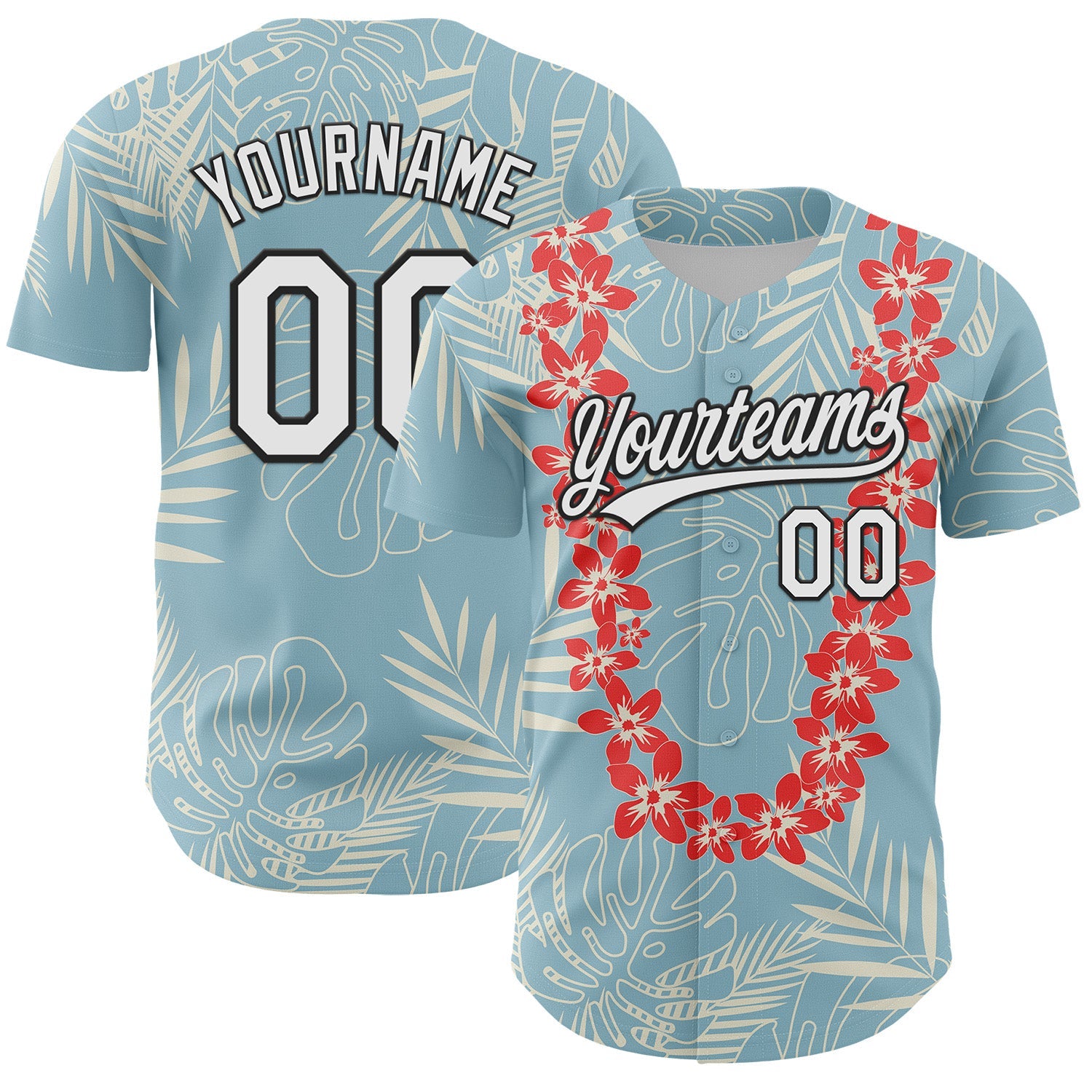 Custom Shadow Blue White-Black 3D Tropical Hawaii Leaves And Flower Authentic Baseball Jersey - Sky-Custom