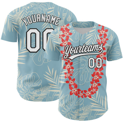 Custom Shadow Blue White-Black 3D Tropical Hawaii Leaves And Flower Authentic Baseball Jersey - Sky-Custom