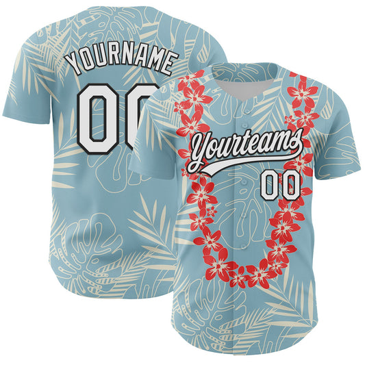 Custom Shadow Blue White-Black 3D Tropical Hawaii Leaves And Flower Authentic Baseball Jersey - Sky-Custom