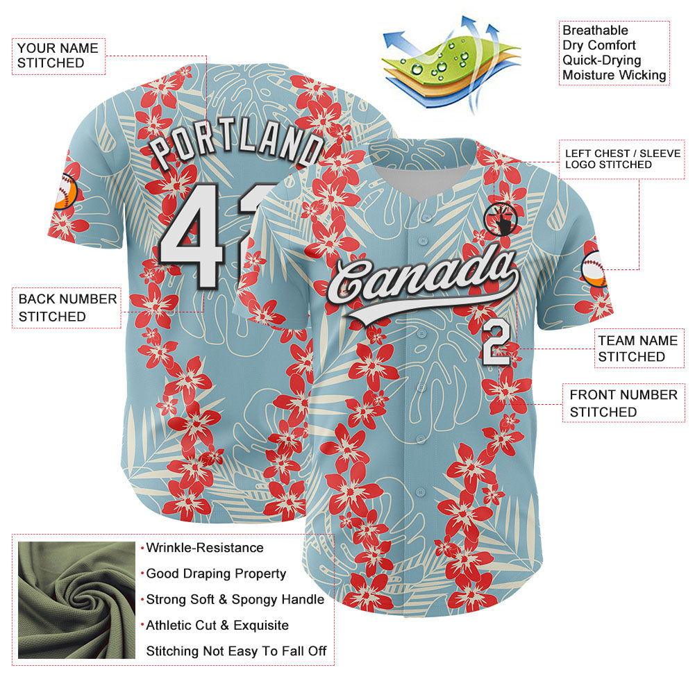 Custom Shadow Blue White-Black 3D Tropical Hawaii Leaves And Flower Authentic Baseball Jersey - Sky-Custom