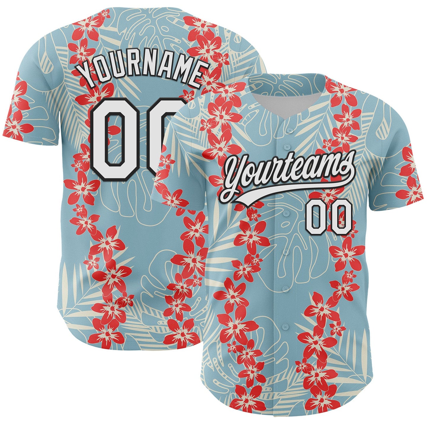 Custom Shadow Blue White-Black 3D Tropical Hawaii Leaves And Flower Authentic Baseball Jersey - Sky-Custom