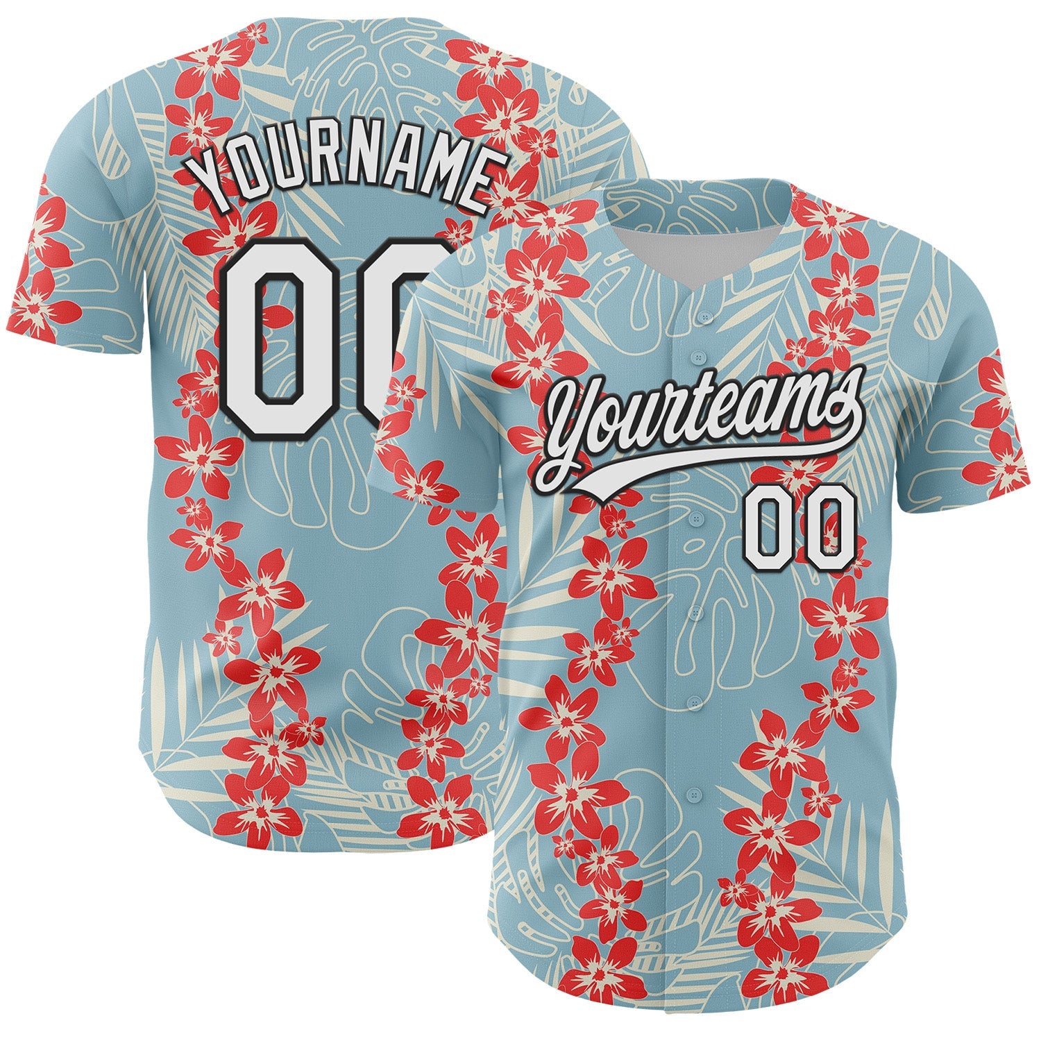 Custom Shadow Blue White-Black 3D Tropical Hawaii Leaves And Flower Authentic Baseball Jersey - Sky-Custom