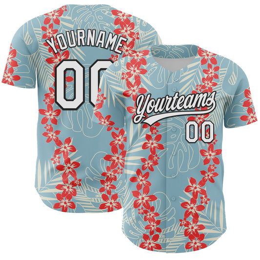 Custom Shadow Blue White-Black 3D Tropical Hawaii Leaves And Flower Authentic Baseball Jersey - Sky-Custom