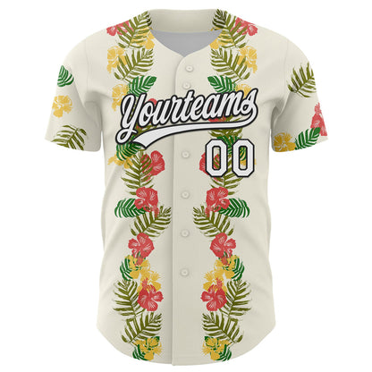 Custom White Black 3D Tropical Hawaii Leaves And Flower Authentic Baseball Jersey - Sky-Custom