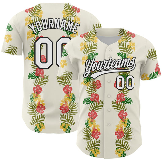 Custom White Black 3D Tropical Hawaii Leaves And Flower Authentic Baseball Jersey - Sky-Custom
