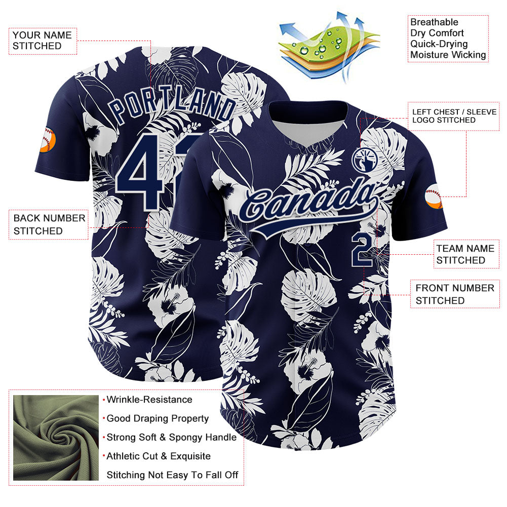 Custom Navy White 3D Tropical Hawaii Leaves And Flower Authentic Baseball Jersey - Sky-Custom