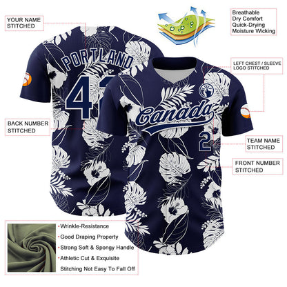 Custom Navy White 3D Tropical Hawaii Leaves And Flower Authentic Baseball Jersey - Sky-Custom