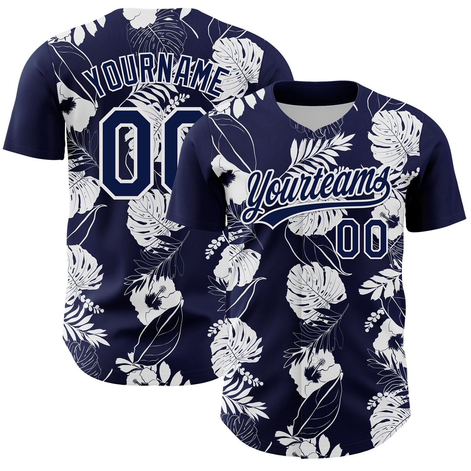 Custom Navy White 3D Tropical Hawaii Leaves And Flower Authentic Baseball Jersey - Sky-Custom