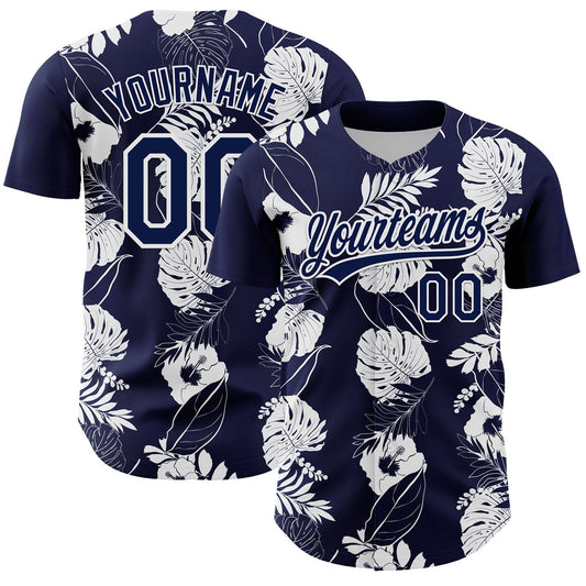 Custom Navy White 3D Tropical Hawaii Leaves And Flower Authentic Baseball Jersey - Sky-Custom