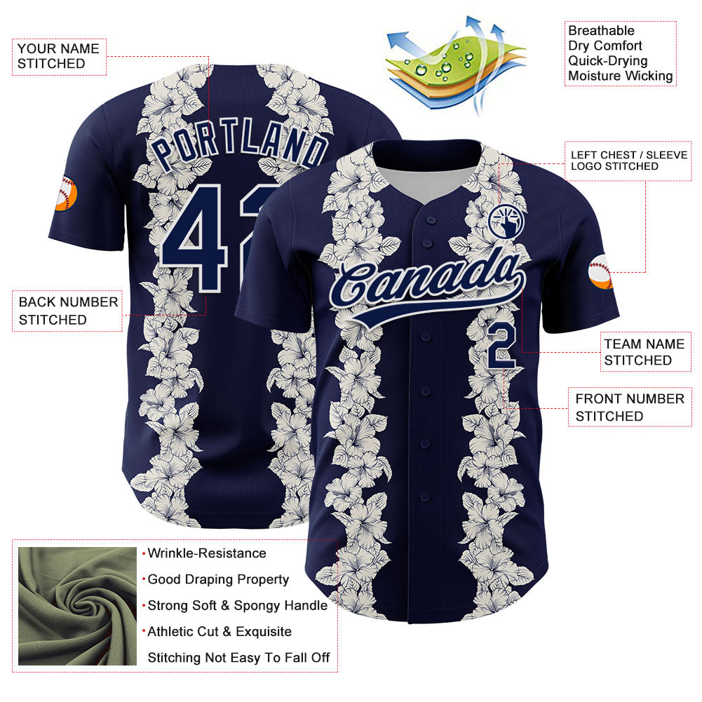 Custom Navy White 3D Tropical Hawaii Leaves And Flower Authentic Baseball Jersey - Sky-Custom