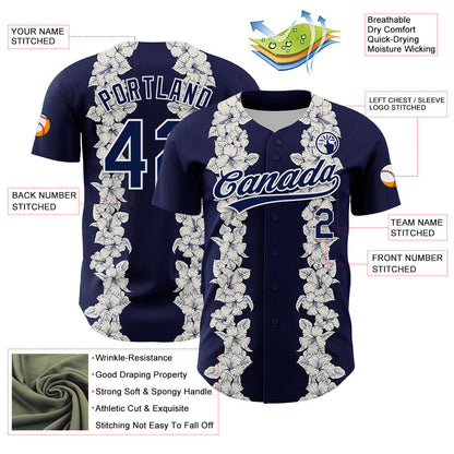 Custom Navy White 3D Tropical Hawaii Leaves And Flower Authentic Baseball Jersey - Sky-Custom